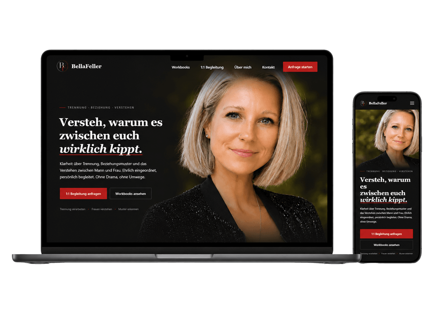 Responsives Webdesign für BellaFeller Coaching mit Laptop- und Smartphone-Ansicht der Website für Trennungsverarbeitung, Beziehung und Workbooks.