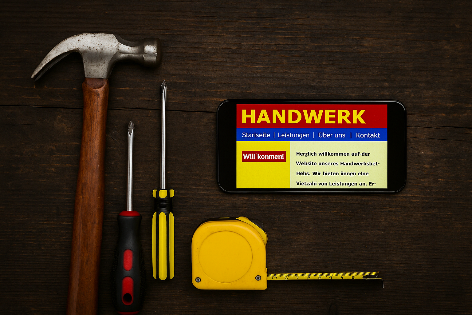 Handwerker auf Baustelle mit Smartphone